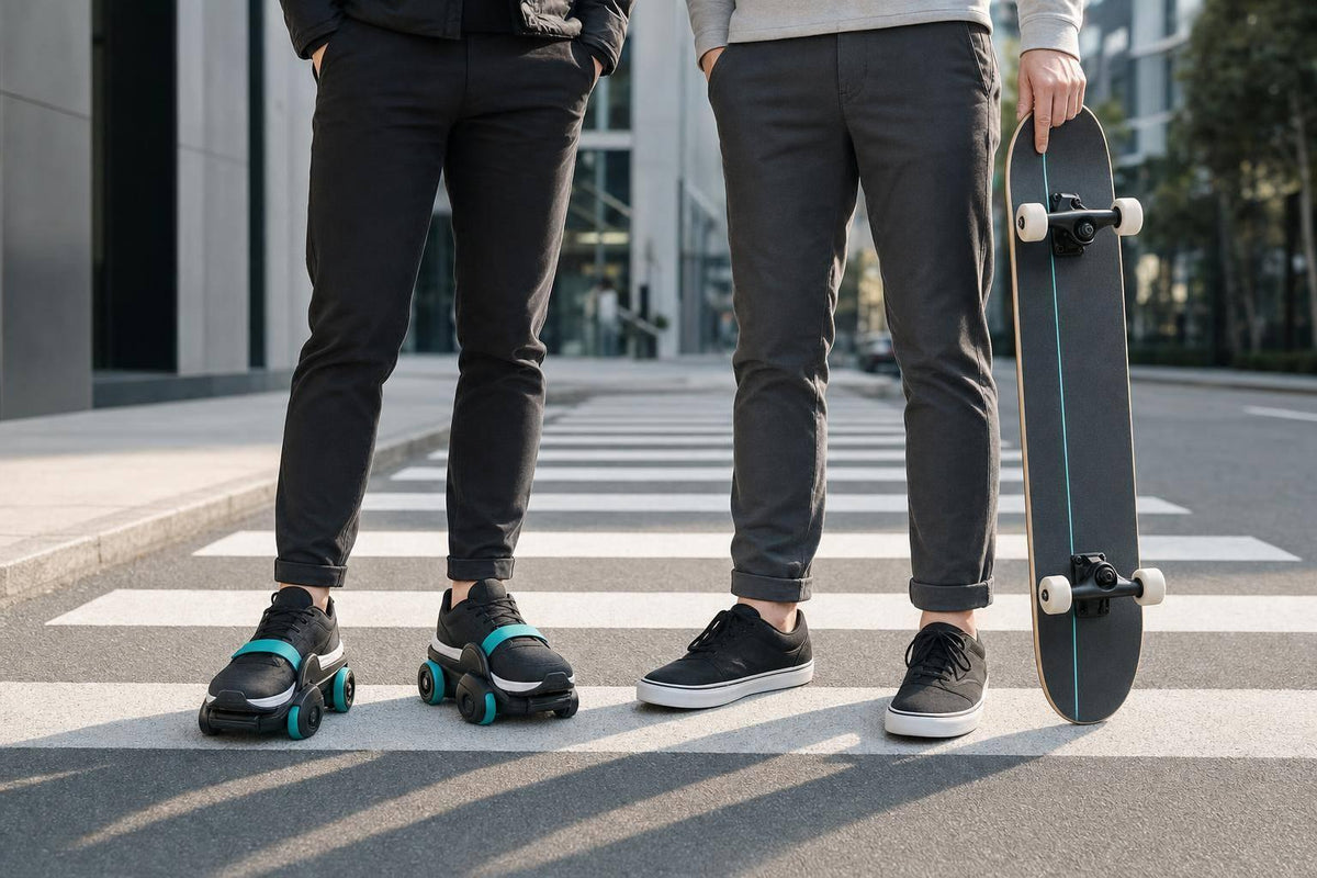 Wheelfeet vs a Skateboard for Wearable Cruising - snowfeet*