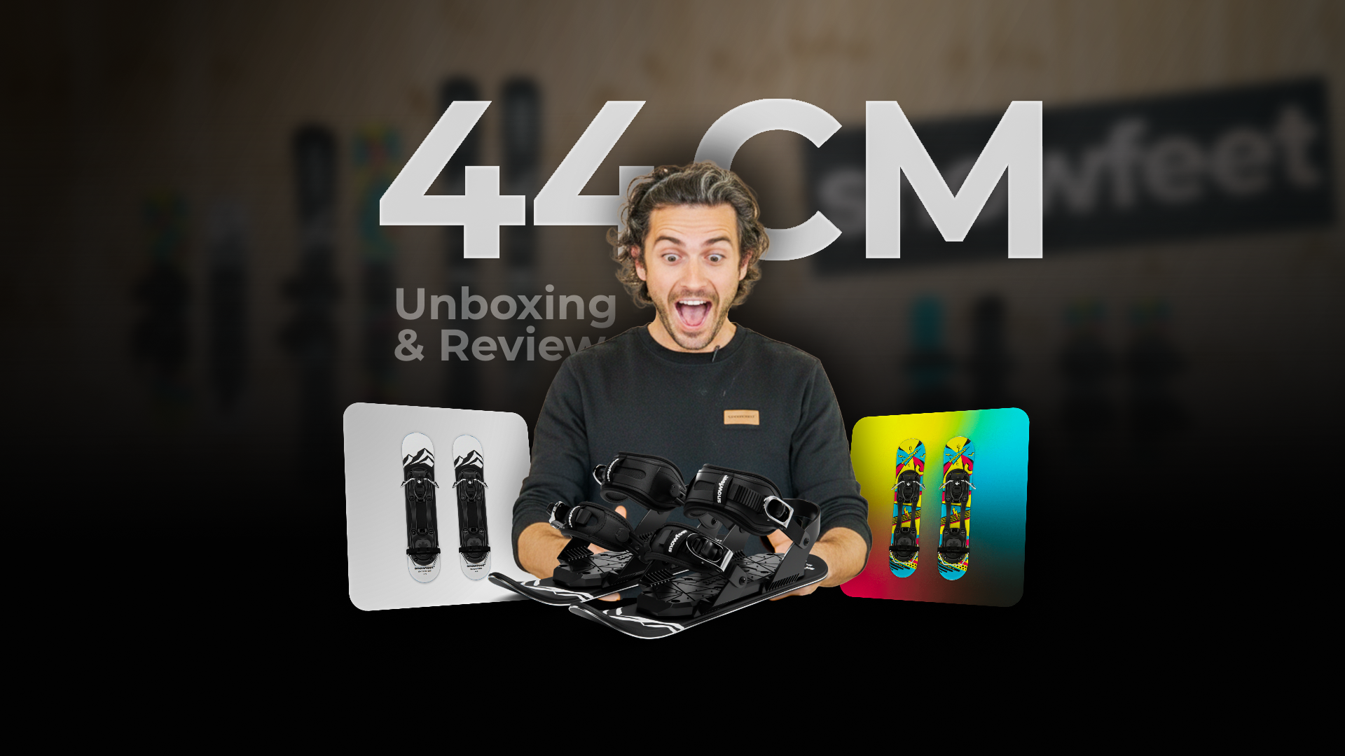 Person holding ski boots with '44CM' and 'Unboxing & Review' text in the background