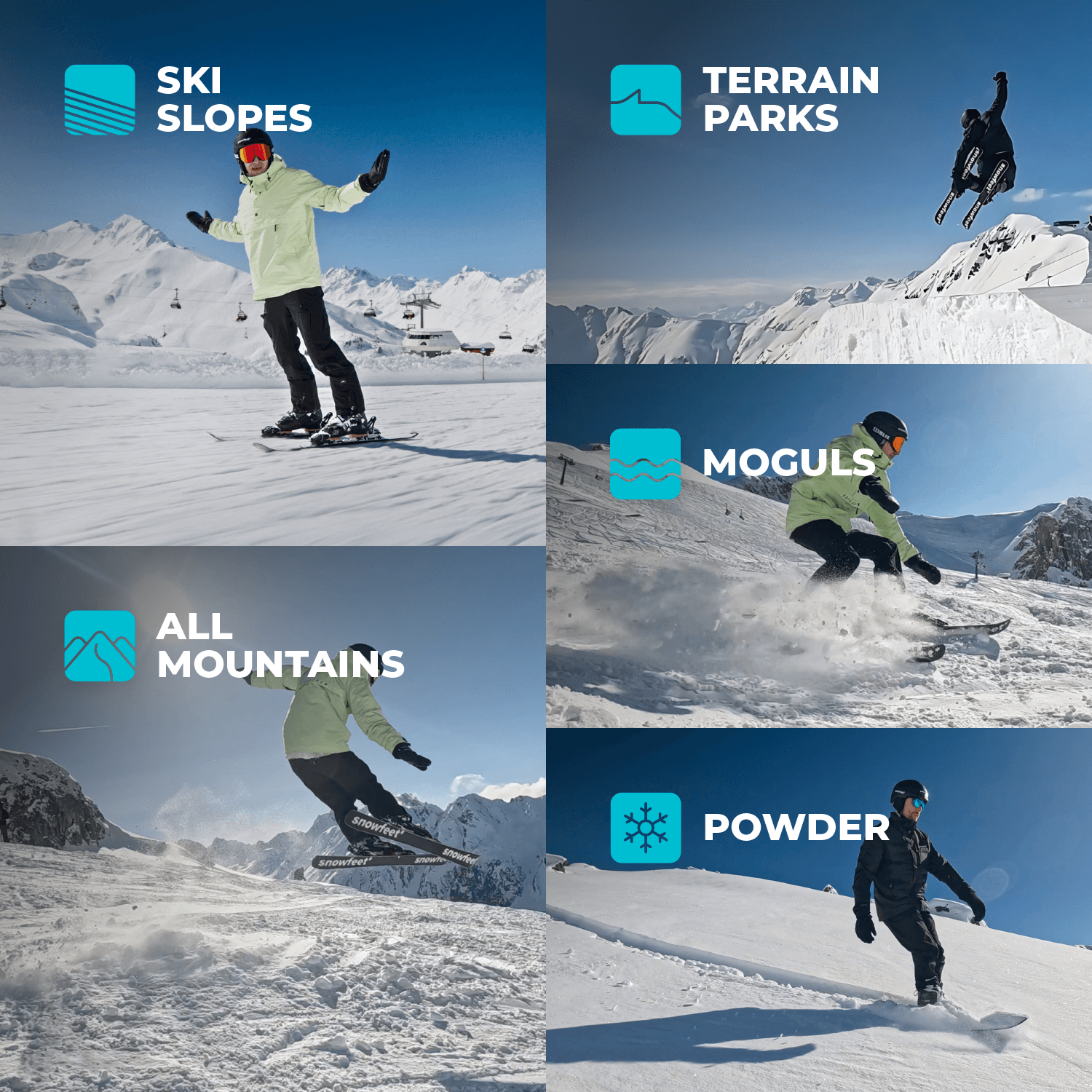 Five Different Winter Snow Terrains for Snowfeet Skiskates 44: Ski Slopes, Terrain Parks, All Mountains, Moguls, Powder