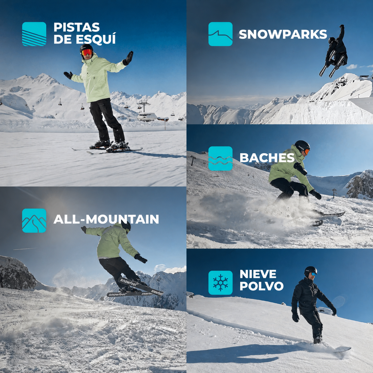 Five Different Winter Snow Terrains for Snowfeet Skiskates 44: Ski Slopes, Terrain Parks, All Mountains, Moguls, Powder