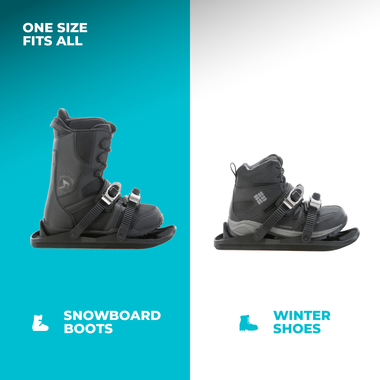 Snowboard boots and winter shoes on a blue and white background with text indicating 'One Size Fits All'.
