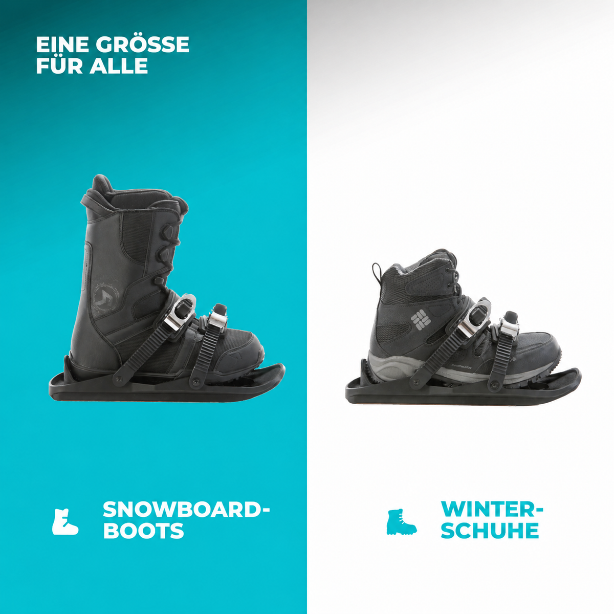 Snowboard boots and winter shoes on a blue and white background with text indicating 'One Size Fits All'.