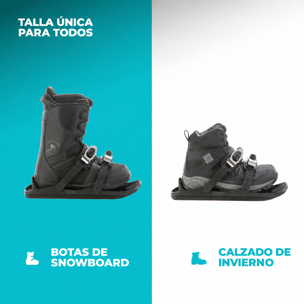 Snowboard boots and winter shoes on a blue and white background with text indicating 'One Size Fits All'.