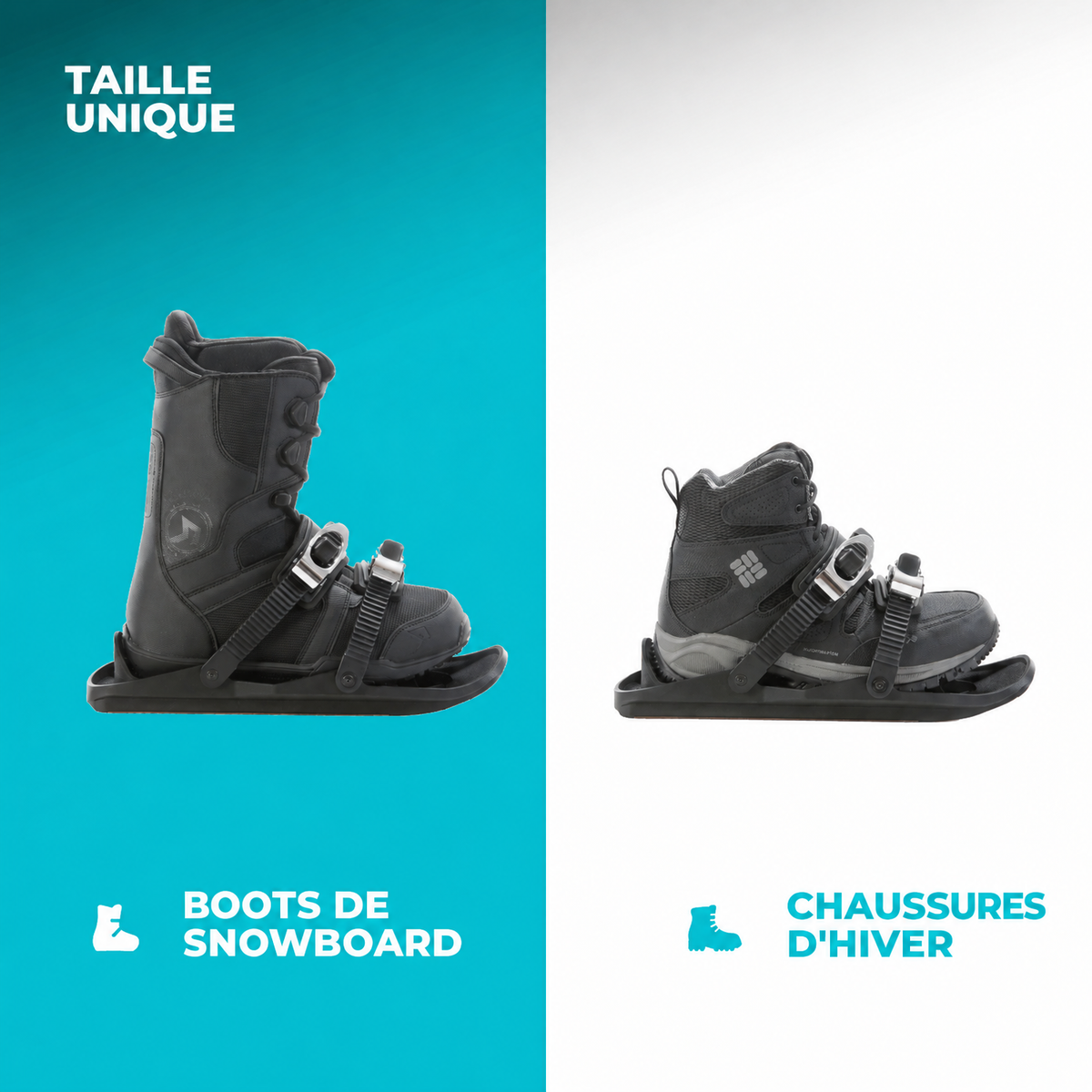 Snowboard boots and winter shoes on a blue and white background with text indicating 'One Size Fits All'.