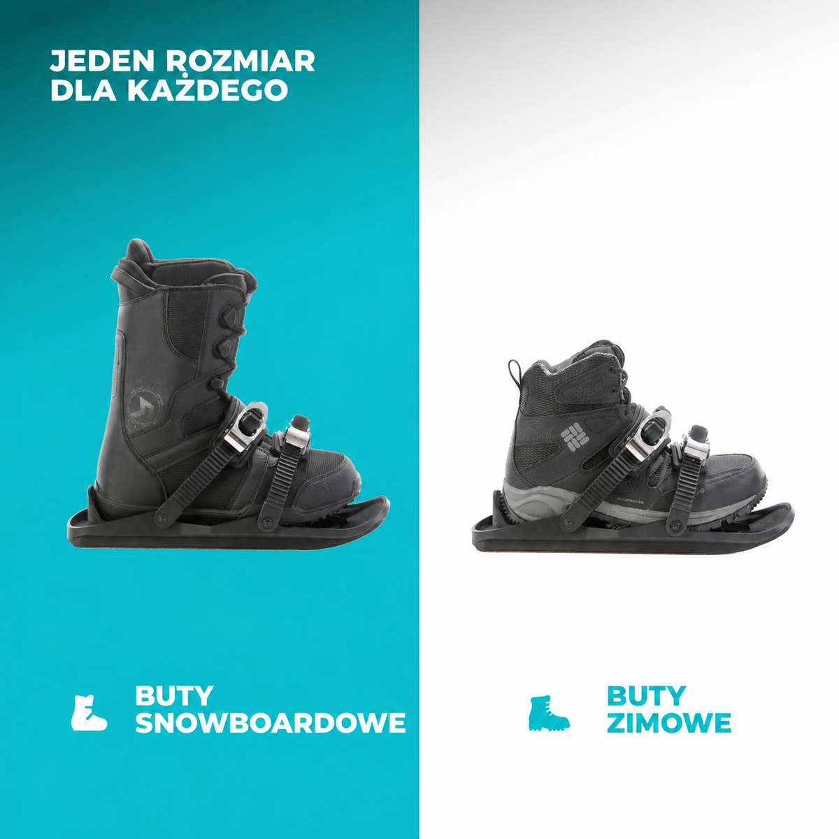 Snowboard boots and winter shoes on a blue and white background with text indicating 'One Size Fits All'.