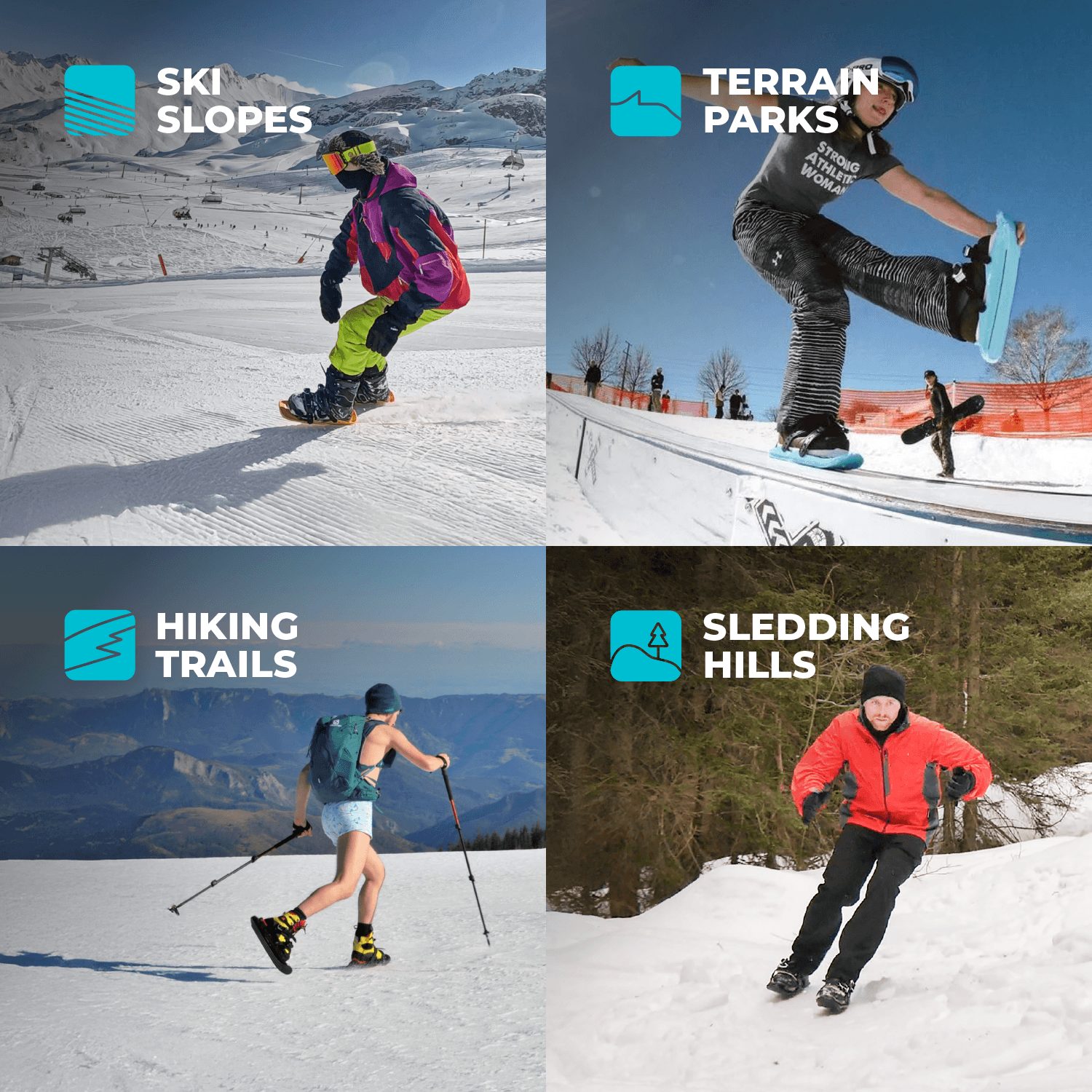 Four Different Winter Snow Terrains for Snowfeet Mini 38: Ski Slopes, Terrain Parks, Hiking Trails, and Sledding Hills.