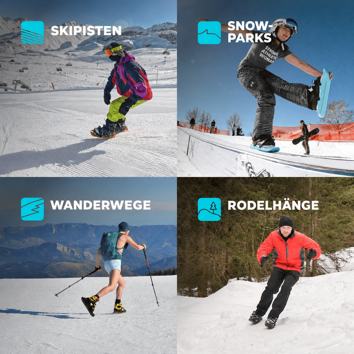 Four Different Winter Snow Terrains for Snowfeet Mini 38: Ski Slopes, Terrain Parks, Hiking Trails, and Sledding Hills.