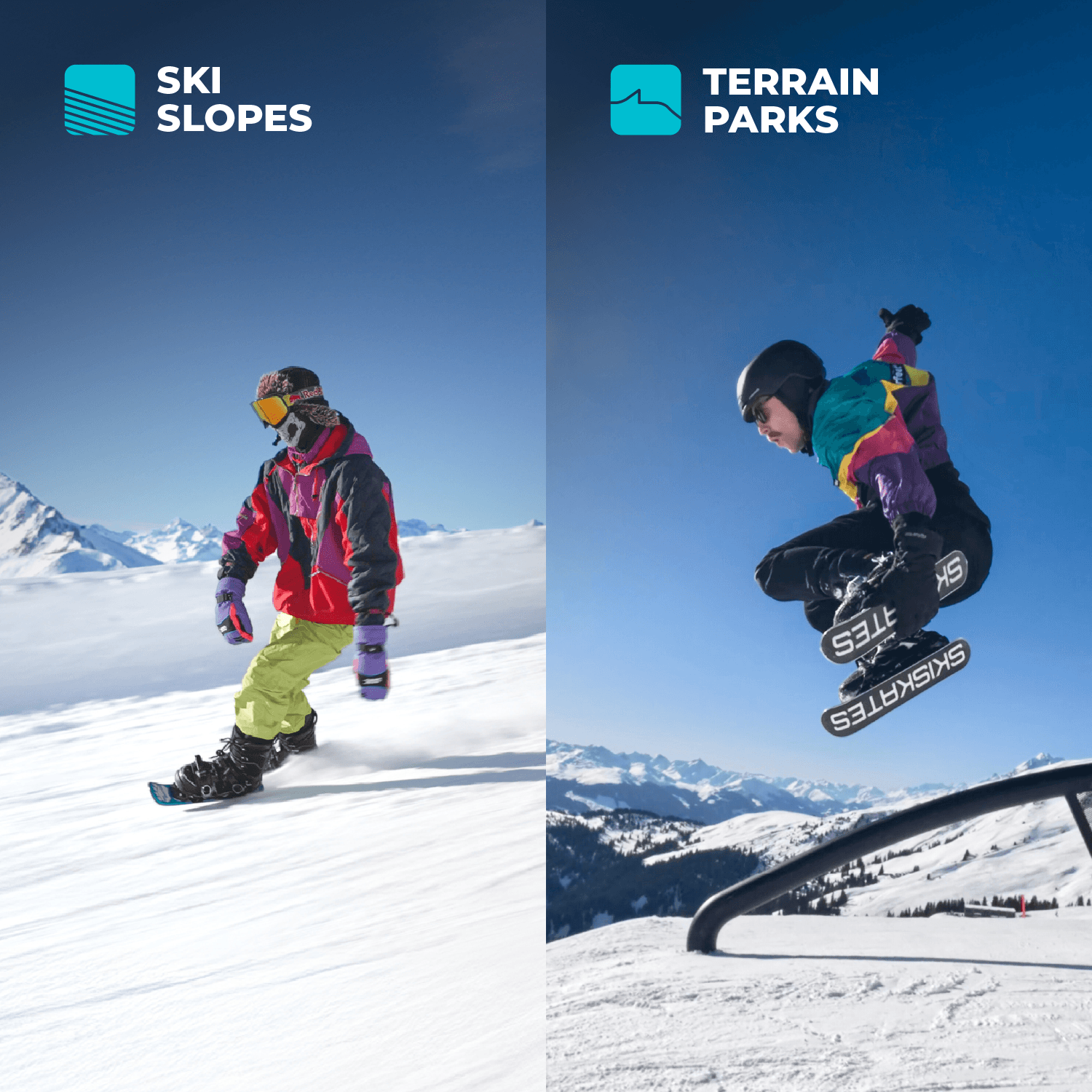Two Different Winter Snow Terrains for Snowfeet Skiskates 44: Ski Slopes, Terrain Parks