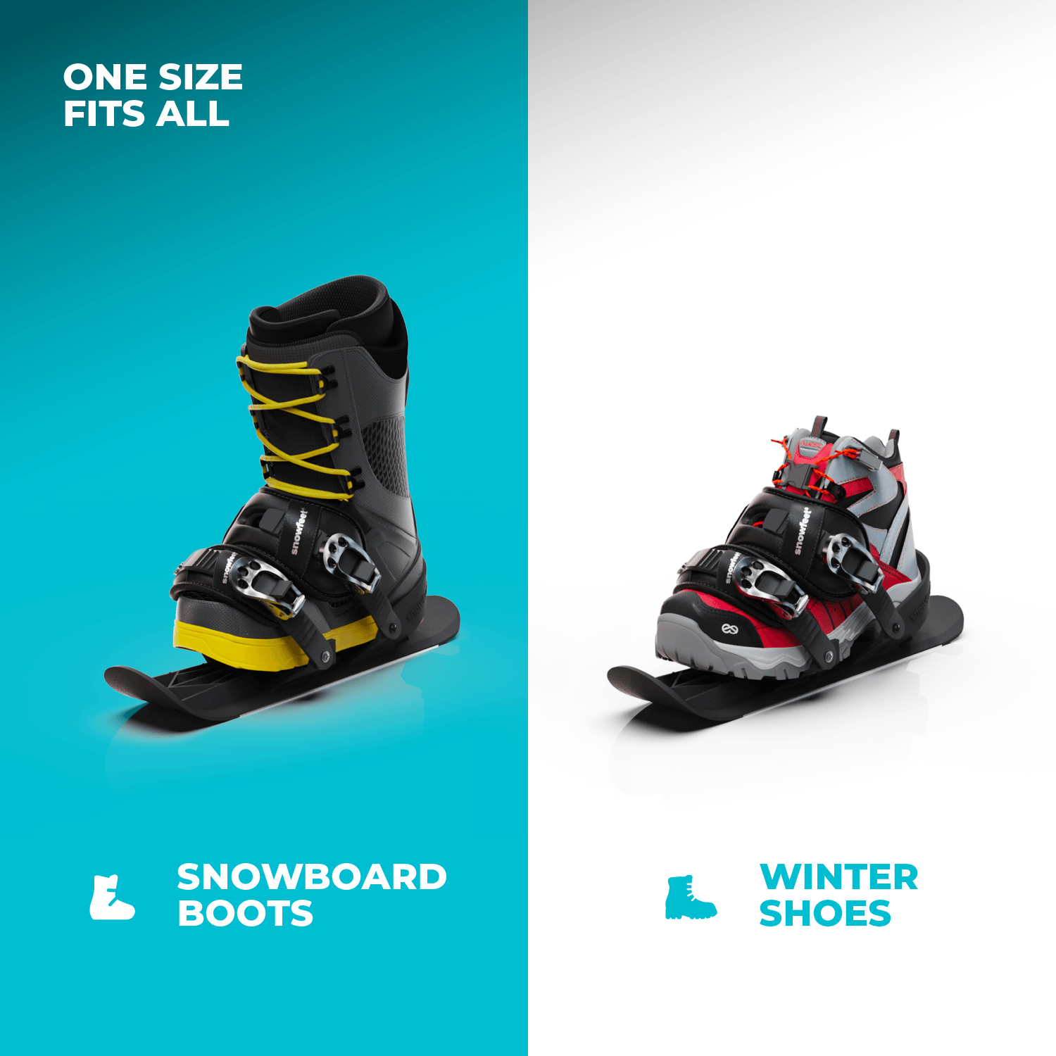 Two options of snowfeet 50 wearing snowboard boots and winter shoes on a blue and white background with text indicating 'One Size Fits All'.