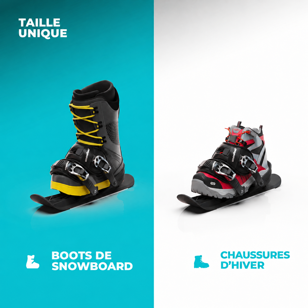 Two options of snowfeet 50 wearing snowboard boots and winter shoes on a blue and white background with text indicating 'One Size Fits All'.