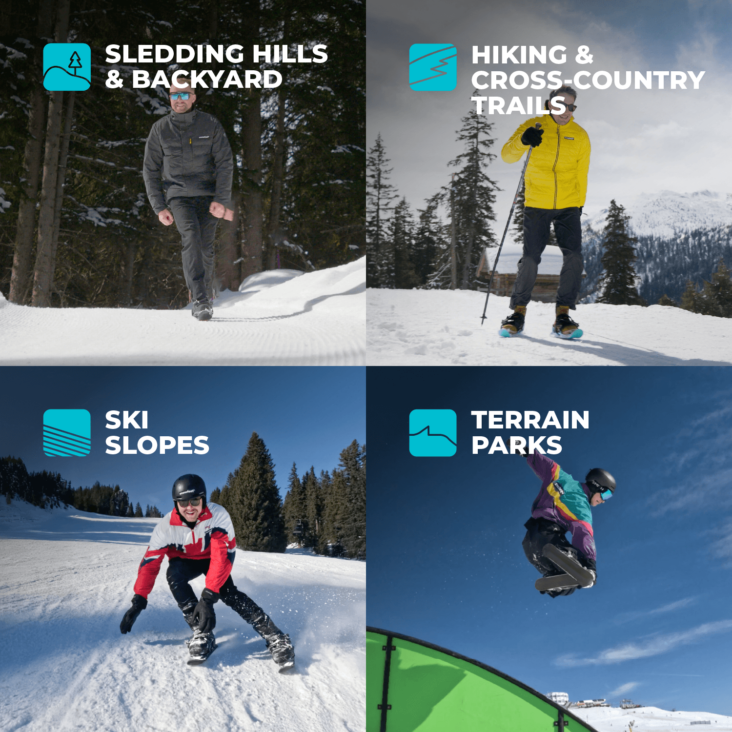 Four Different Winter Snow Terrains for Snowfeet 50: Sledding Hills & Backyard, Hiking & Cross-Country Trails,Ski Slopes, Terrain Parks