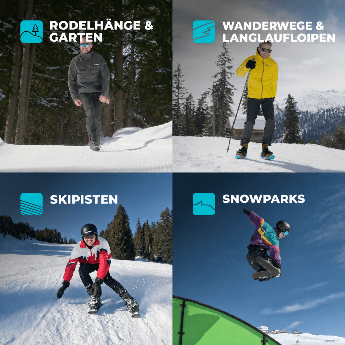 Vier Einsatzbereiche für Snowfeet 50: Rodelhügel und Garten, Wander- und Langlaufwege, Skipisten und Snowparks