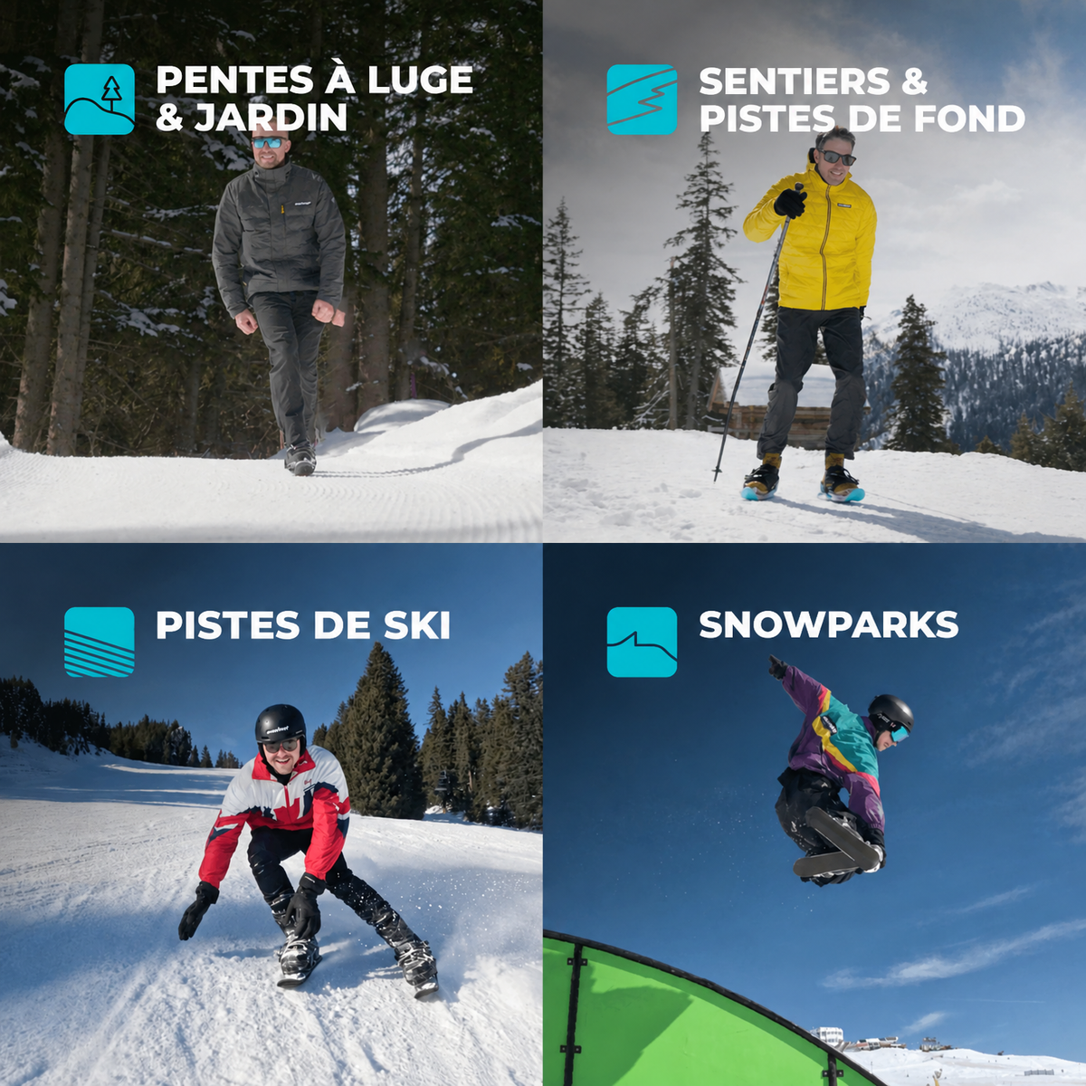 Four Different Winter Snow Terrains for Snowfeet 50: Sledding Hills & Backyard, Hiking & Cross-Country Trails,Ski Slopes, Terrain Parks