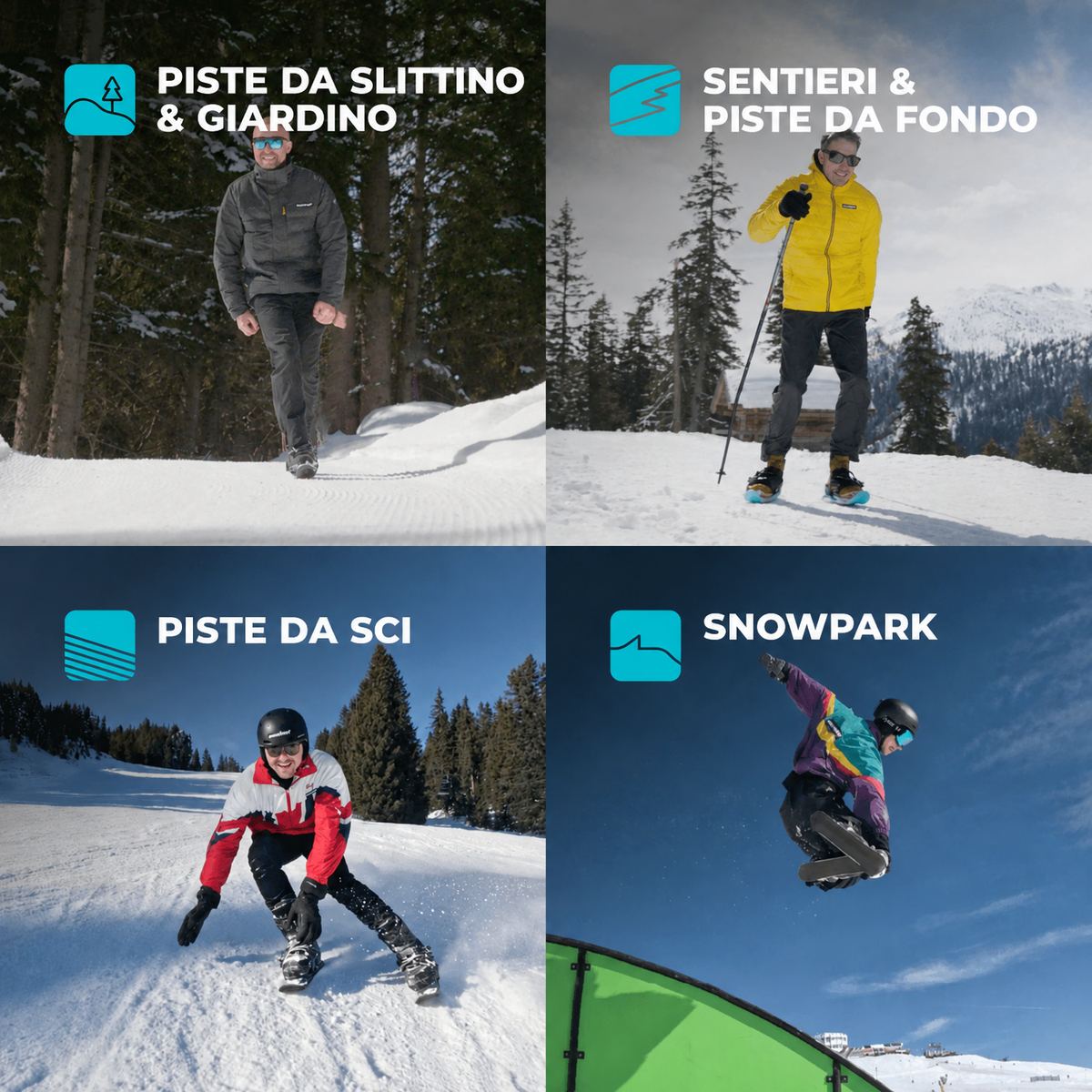 Quattro terreni per Snowfeet* 50: colline da slittino e giardino, sentieri e piste da fondo, piste da sci e snowpark