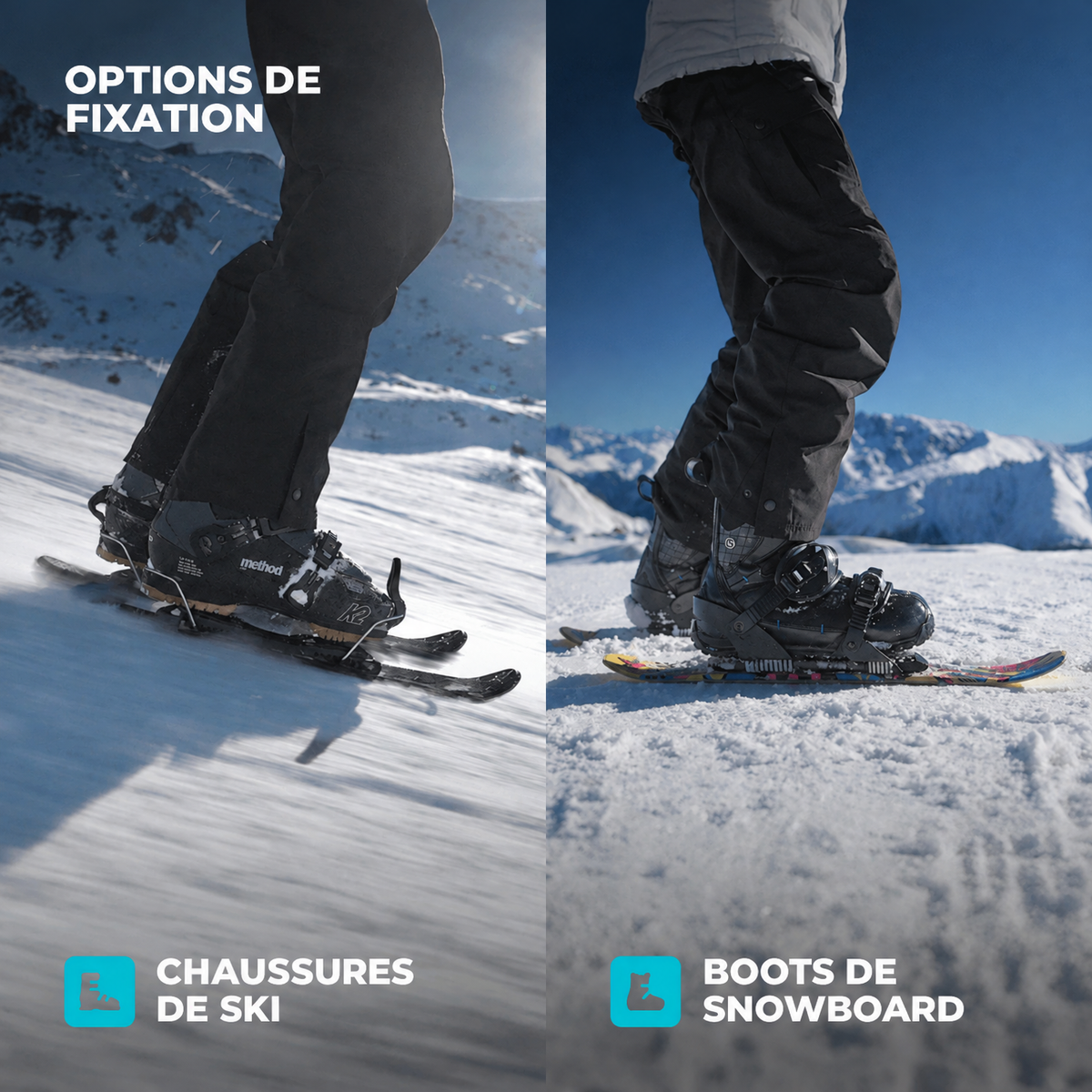 Two views of ski boots and snowboard boots on skis with mountain background. Binding Options of Snowfeet Skiblades 65 cm.