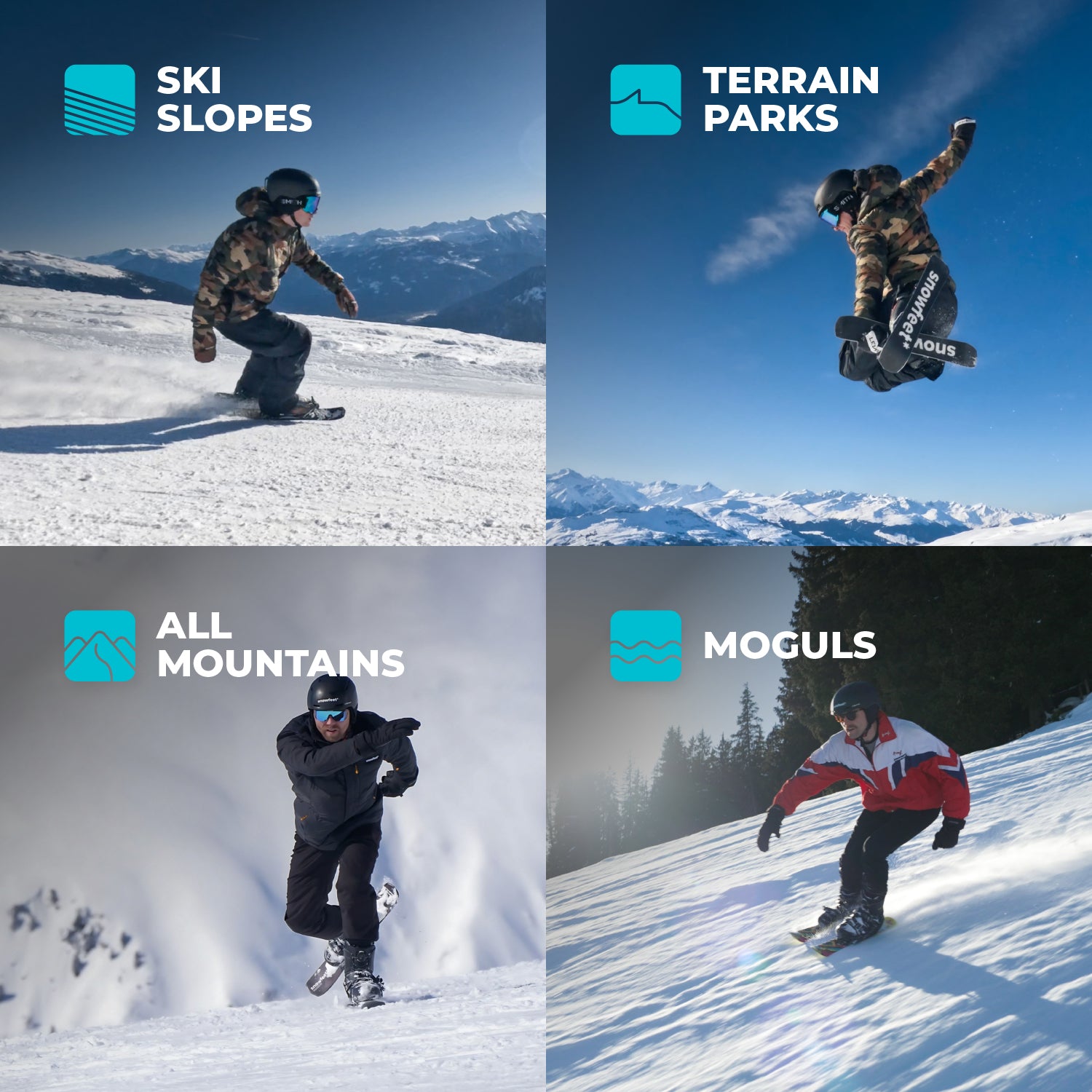 Four Different Winter Snow Terrains for Snowfeet Skiblades 65: Ski Slopes, Terrain Parks, All Mountains, Moguls