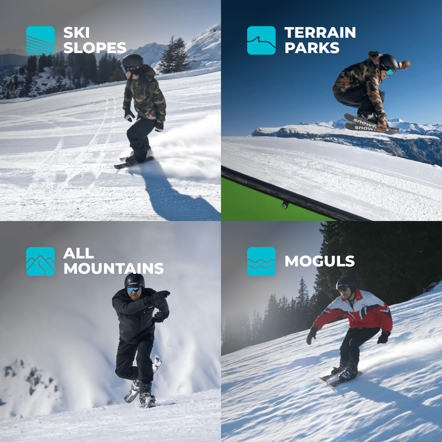 Four Different Winter Snow Terrains for Snowfeet Skiblades 65: Ski Slopes, Terrain Parks, All Mountains, Moguls