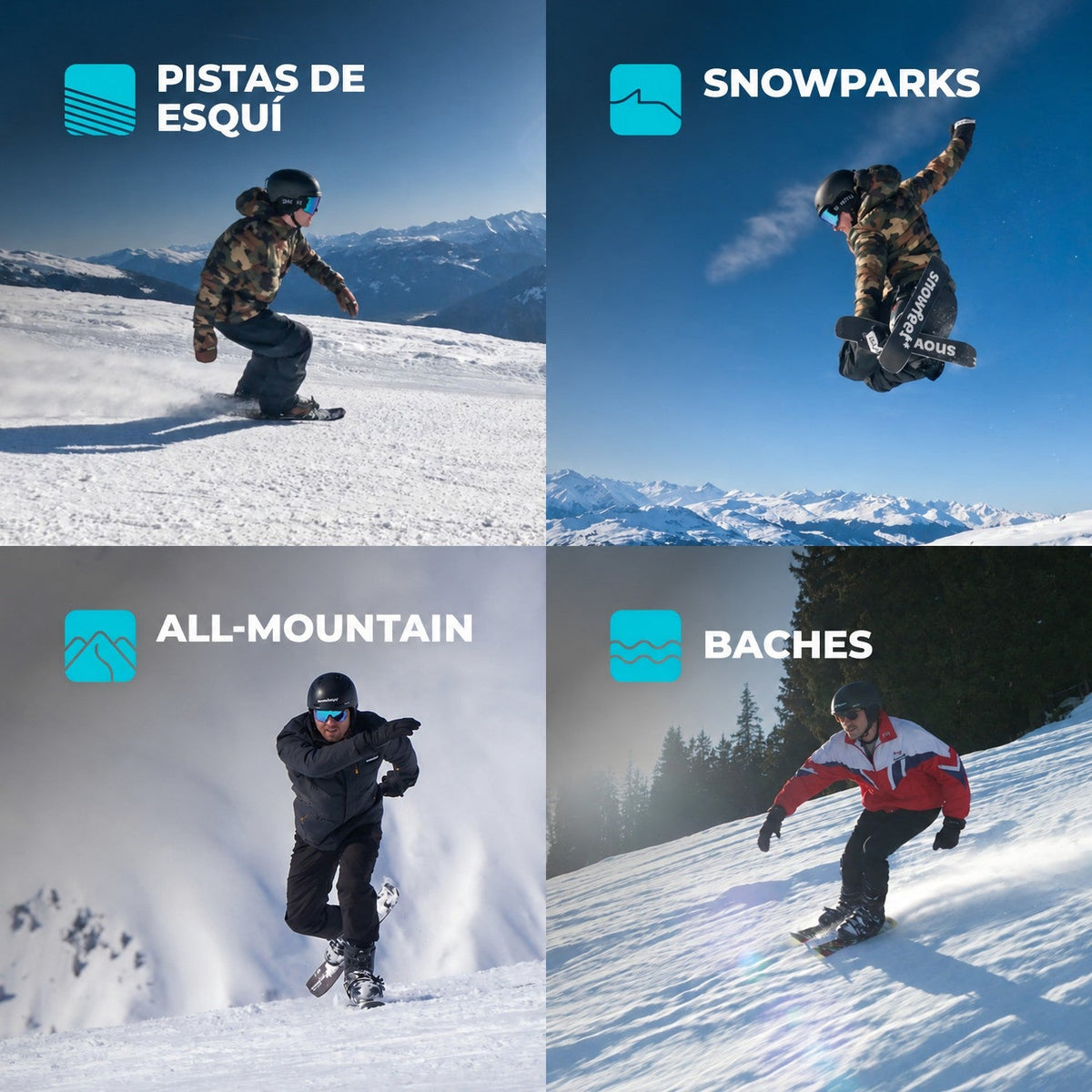 Four Different Winter Snow Terrains for Snowfeet Skiblades 65: Ski Slopes, Terrain Parks, All Mountains, Moguls