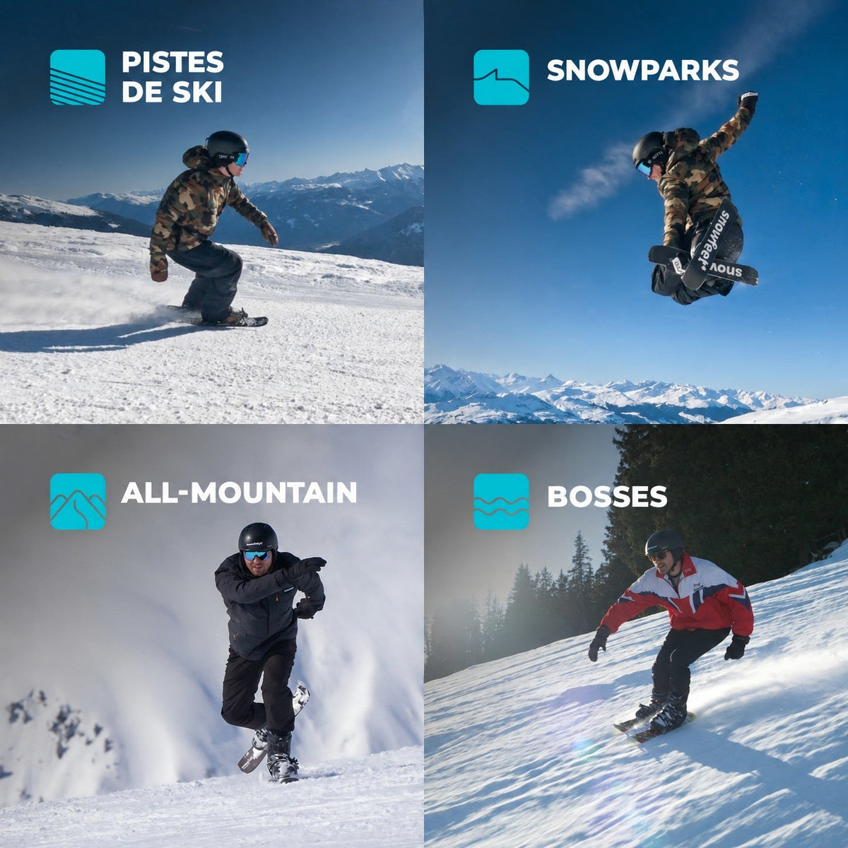 Four Different Winter Snow Terrains for Snowfeet Skiblades 65: Ski Slopes, Terrain Parks, All Mountains, Moguls