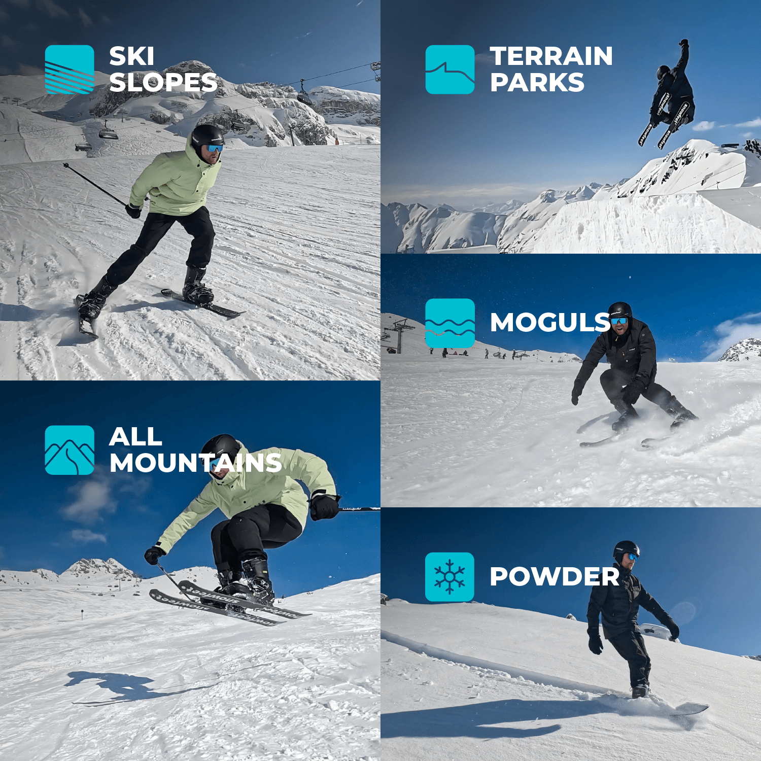 Five Different Winter Snow Terrains for Snowfeet Skiblades 99: Ski Slopes, Terrain Parks, All Mountains, Moguls, Powder