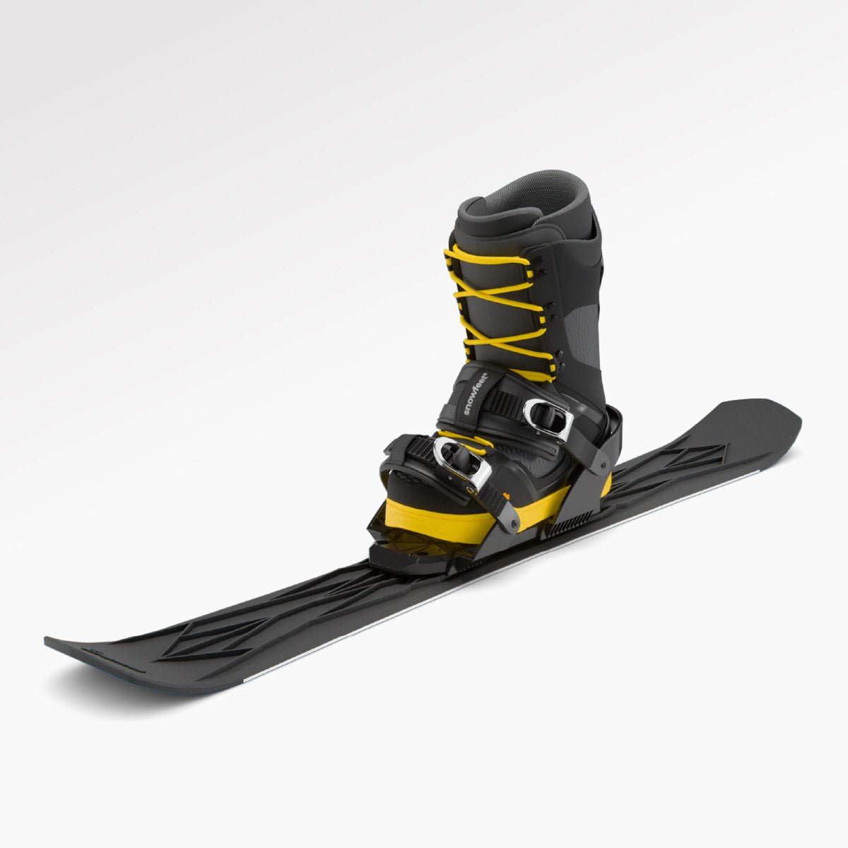 Pair of black short skis Snowfeet with snowboard bindings and snowboard boots on a white background