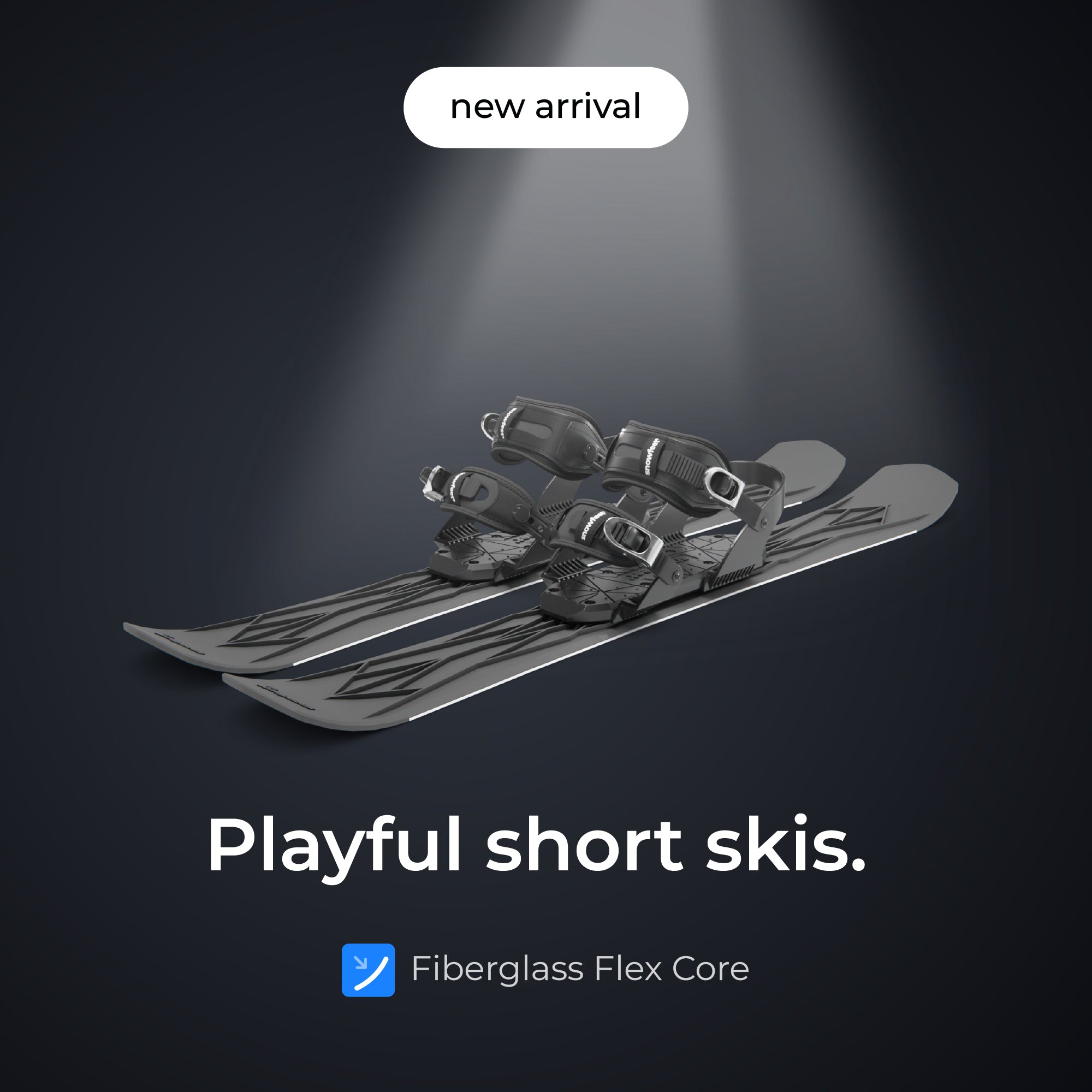 Pair of short skis with bindings on a dark background, labeled 'new arrival' and 'playful short skies'.