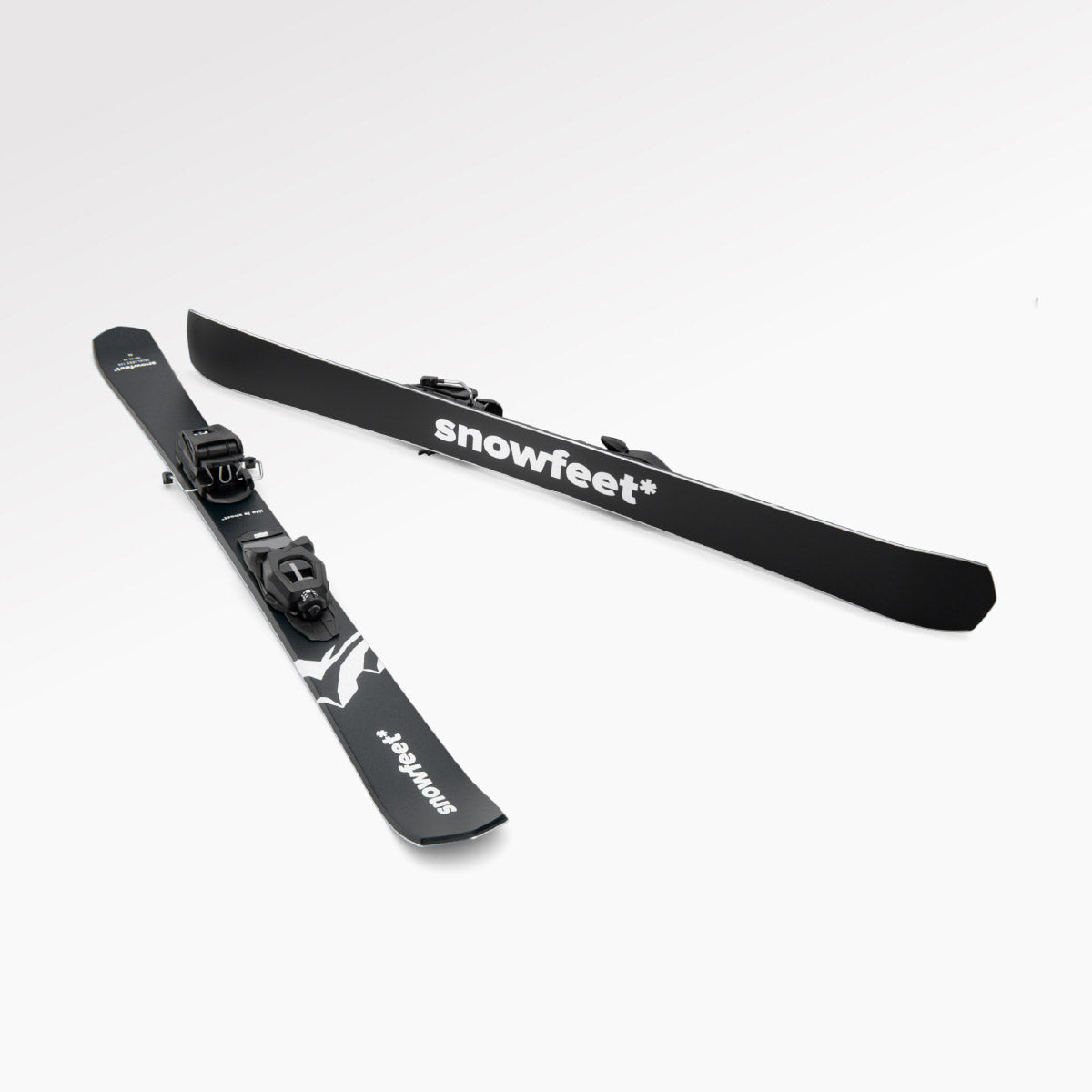 Skiboards Snowblades Short Mini Skis - snowfeet* 120 CM, Product photo, wood core skis, pro ski binding, black mountain color.