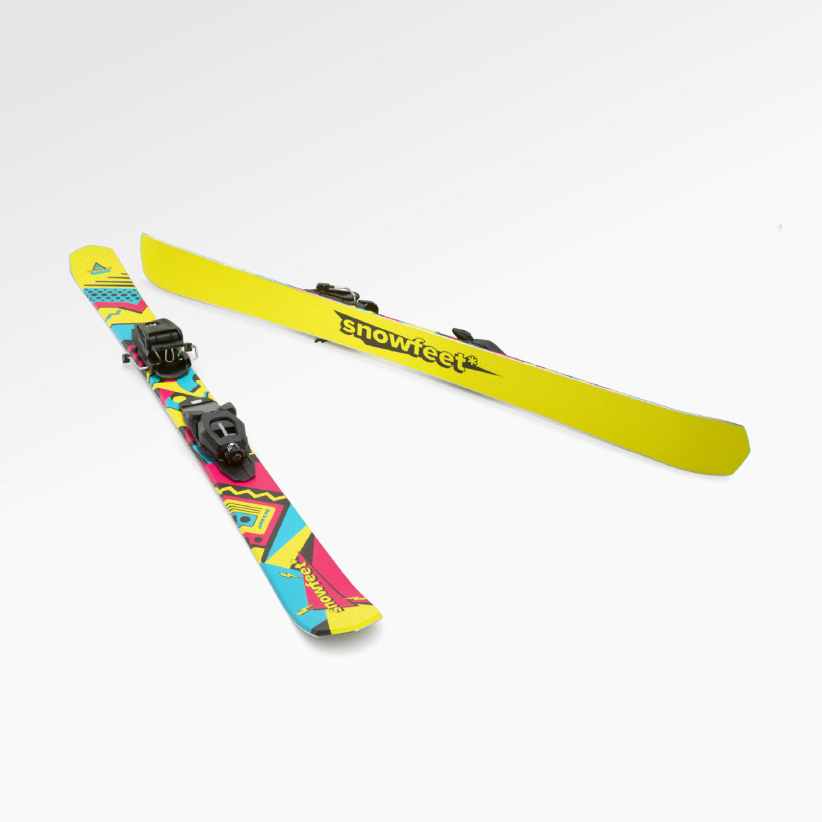 Skiboards Snowblades Short Mini Skis - snowfeet* 120 CM, Product photo, wood core skis, pro ski binding, retro color.