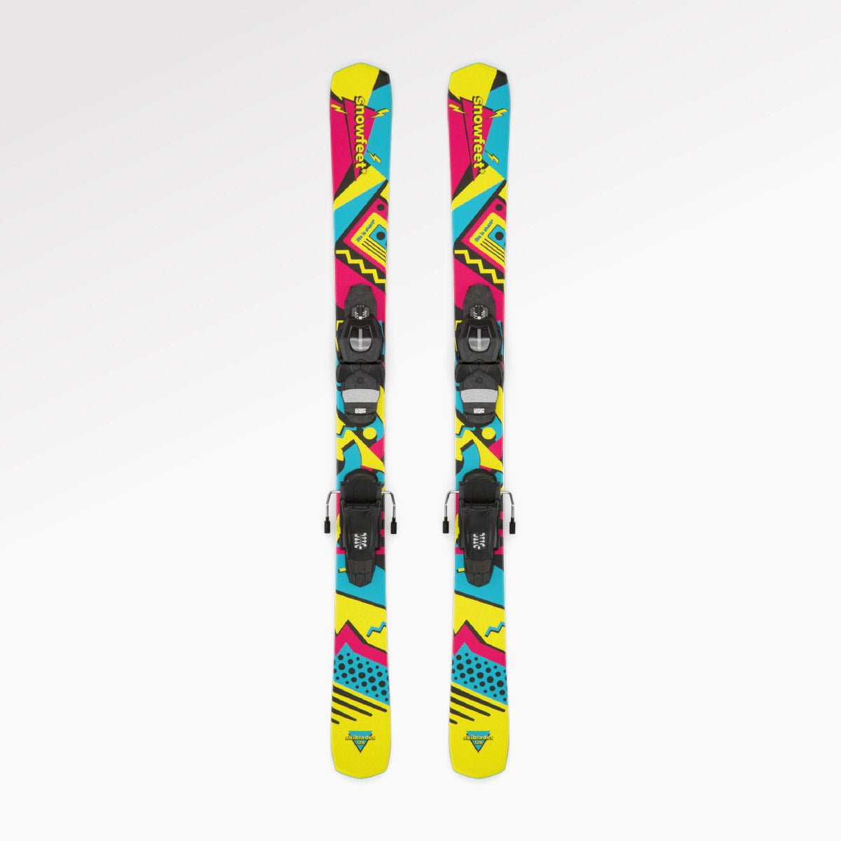 Skiboards Snowblades Short Mini Skis - snowfeet* 120 CM, Product photo, wood core skis, pro ski binding, retro color.