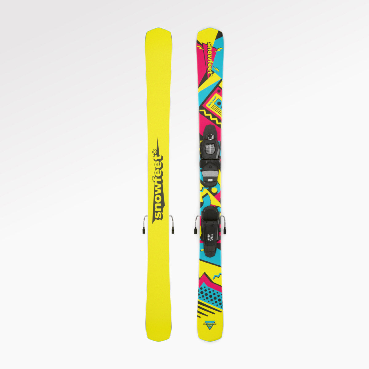 Skiboards Snowblades Short Mini Skis - snowfeet* 120 CM, Product photo, wood core skis, pro ski binding, retro color.