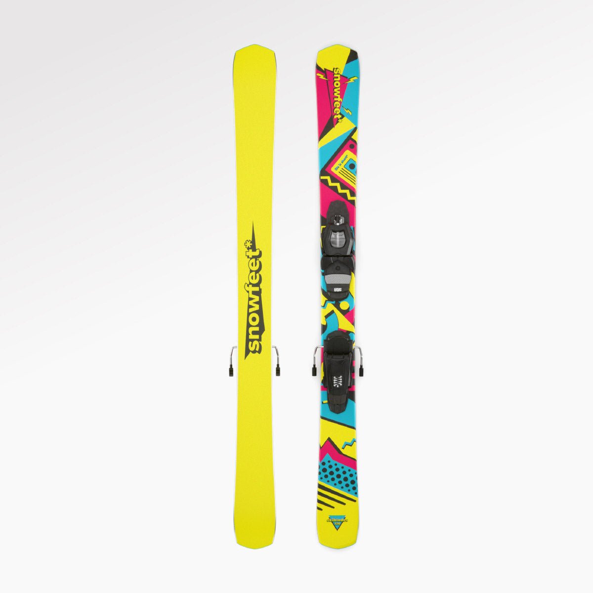 Skiboards Snowblades Short Mini Skis - snowfeet* 120 CM, Product photo, wood core skis, pro ski binding, retro color.