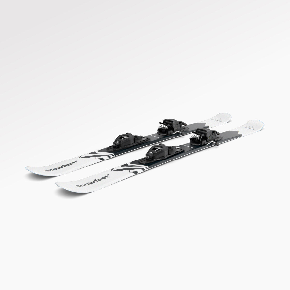 Skiboards Snowblades Short Mini Skis - snowfeet* 120 CM, Product photo, wood core skis, pro ski binding, white mountain color.