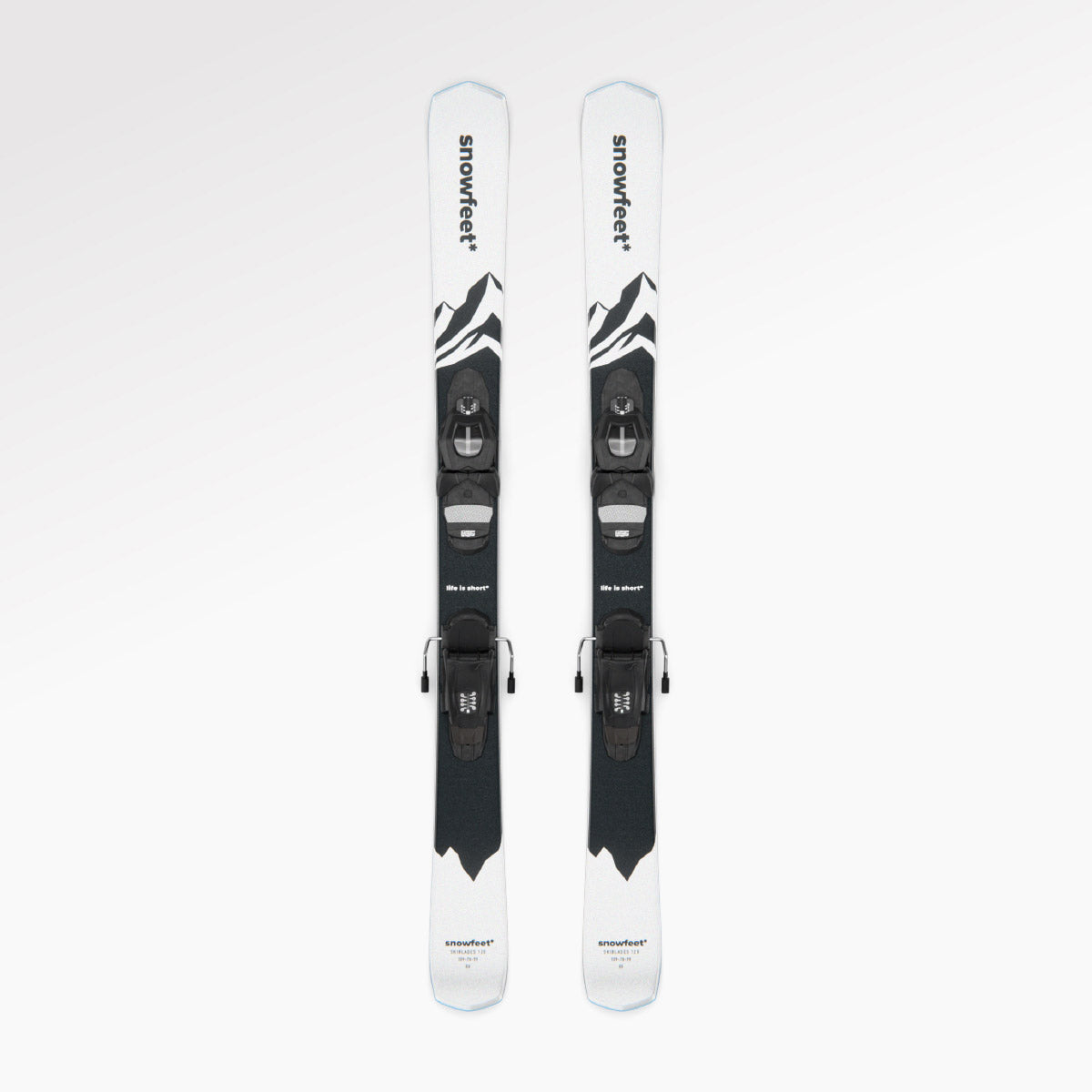 Skiboards Snowblades Short Mini Skis - snowfeet* 120 CM, Product photo, wood core skis, pro ski binding, white mountain color.