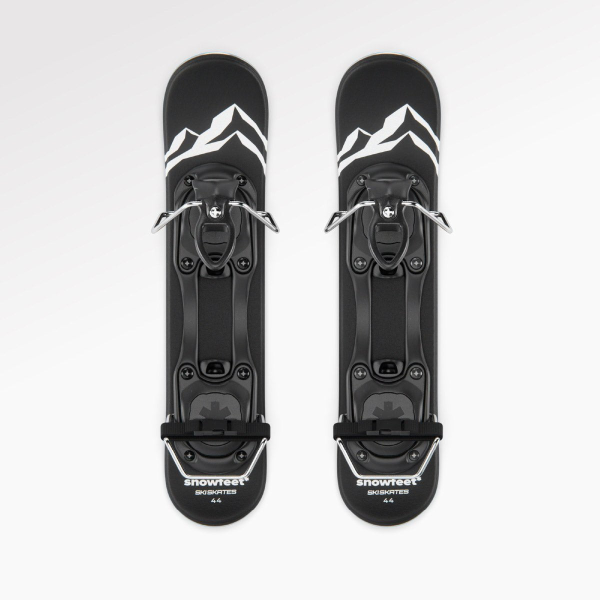Skiskates, skates on snow - Short Mini Skis - Snowfeet* 44cm, Product photo, wood core skis, ski binding, black mountain color.
#Model_Snowfeet 44 CM#Binding_Ski#Color_Black#TopDown