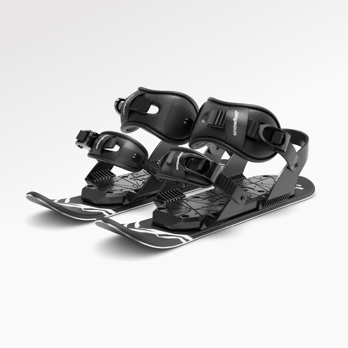 Skiskates, skates on snow -  Short Mini Skis - snowfeet*, Product photo, wood core skis, snowboard binding, black mountain color.