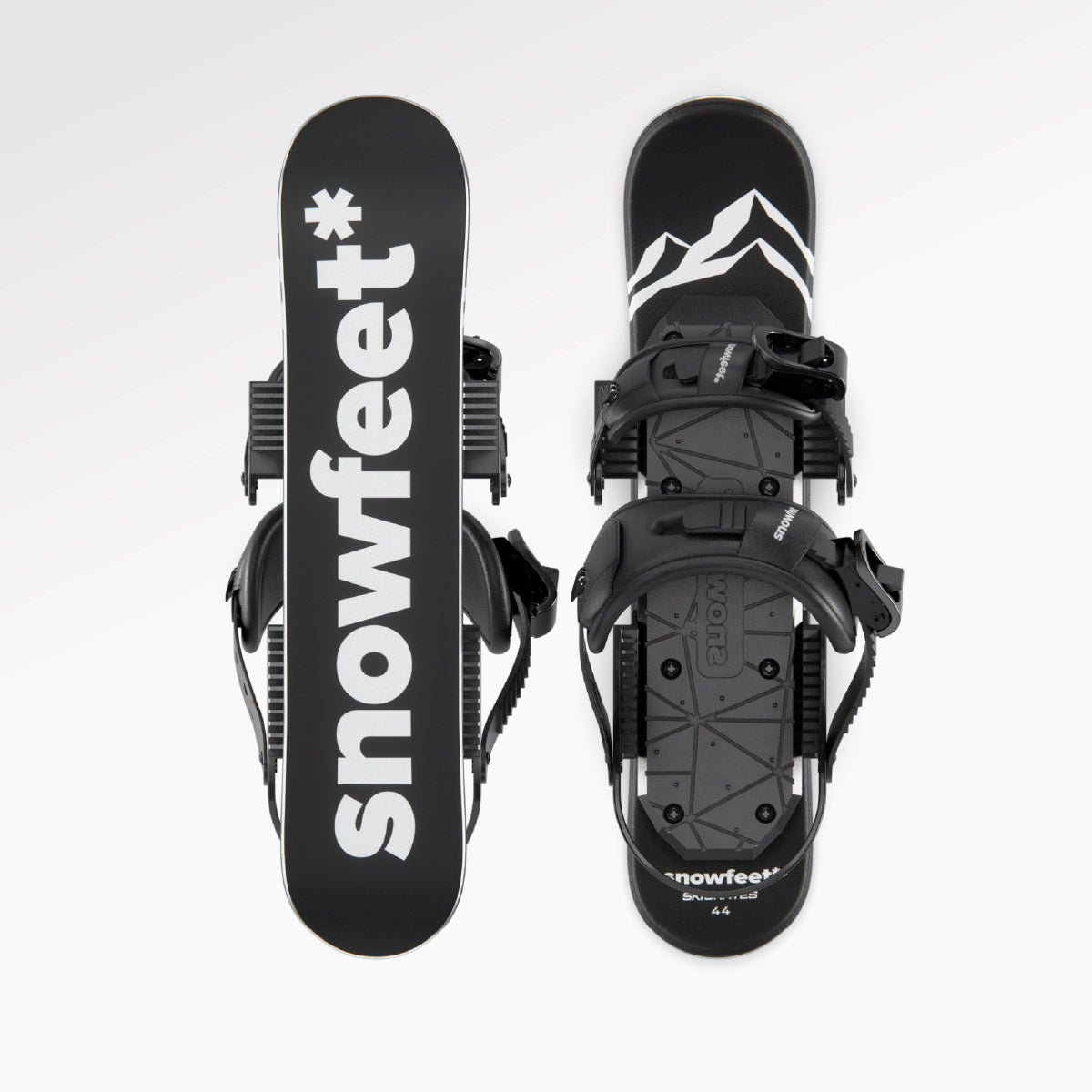 Skiskates, skates on snow - Short Mini Skis - snowfeet*, Product photo, wood core skis, snowboard binding, black mountain color.
#Binding_Snowboard#Color_Black
