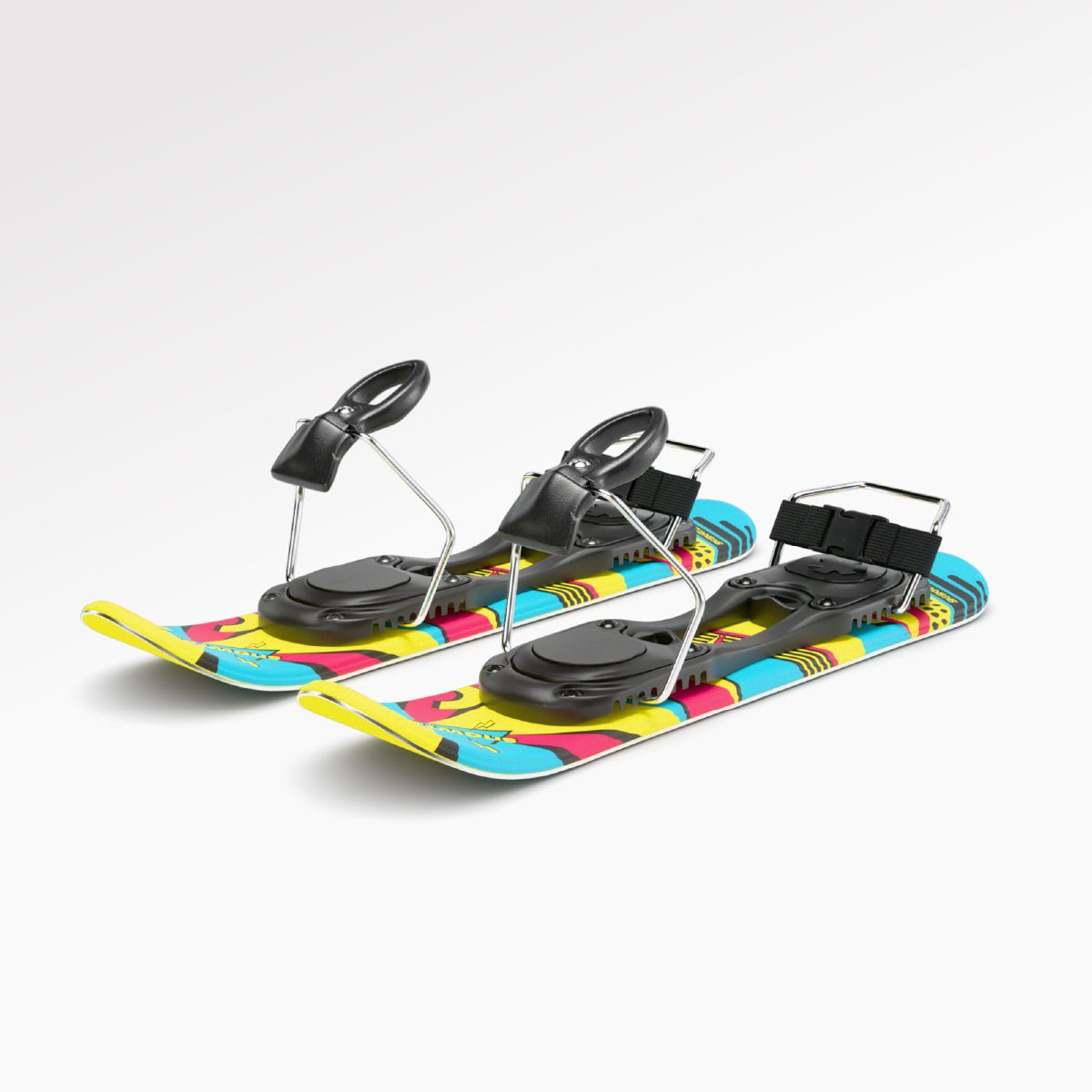 Skiskates, skates on snow - Short Mini Skis - snowfeet*, Product photo, wood core skis, ski binding, retro color.