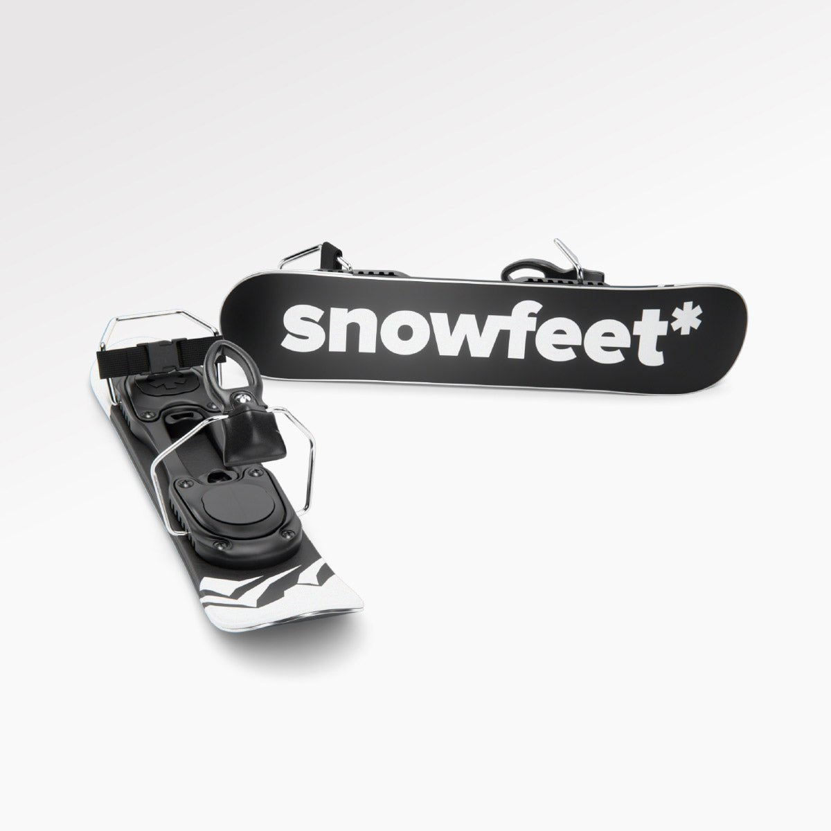 Skiskates, skates on snow - Short Mini Skis - snowfeet*, Product photo, wood core skis, ski binding, white mountain color.