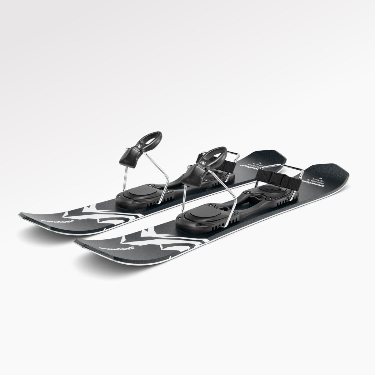 Skiboards Snowblades Short Mini Skis - snowfeet*, Product photo, wood core skis, ski binding, black mountain color.