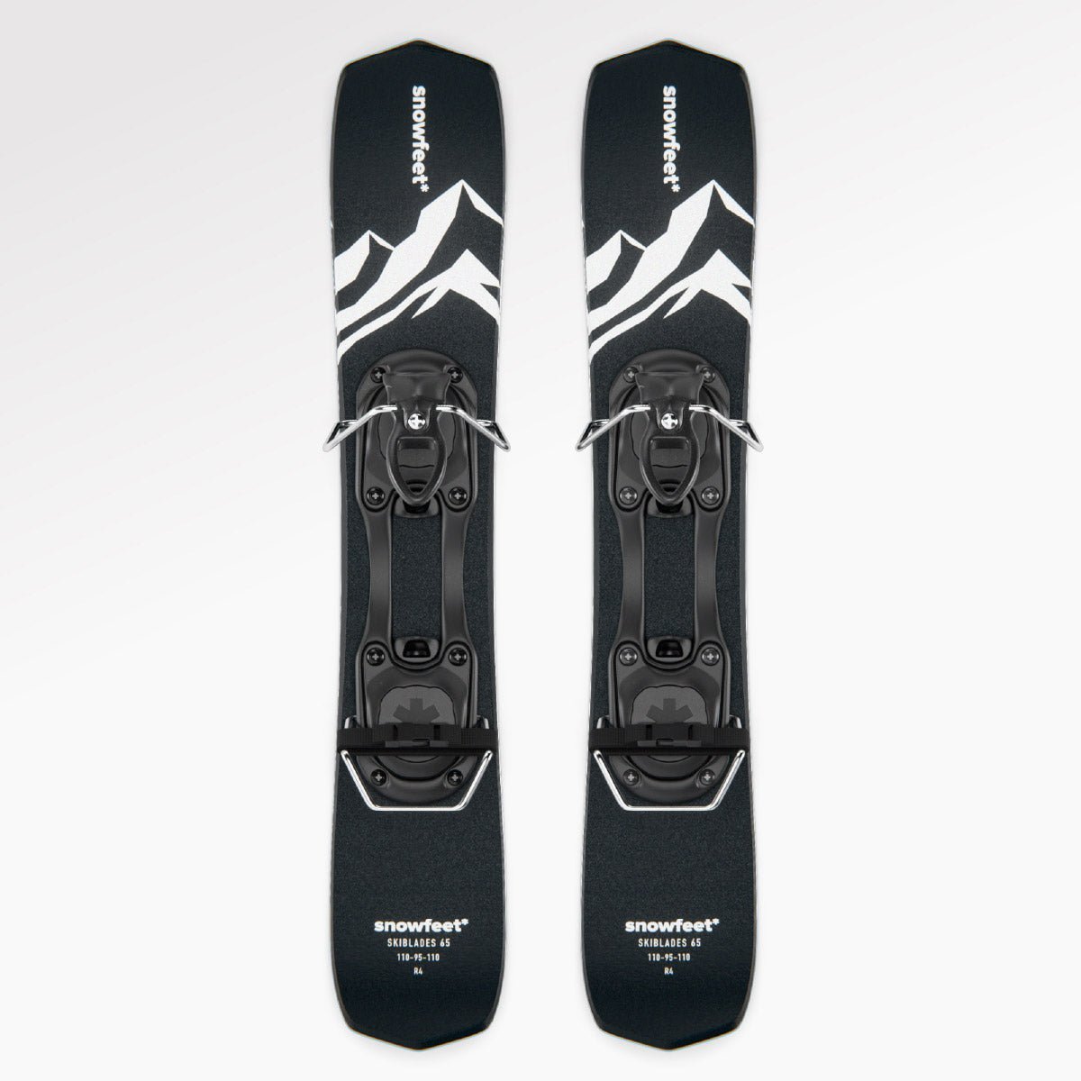 Skiblades, short skis - Snowfeet* 65cm, Product photo, wood core skis, ski binding, black mountain color.
#Model_Snowfeet 65 CM#Binding_Ski#Color_Black#TopDown