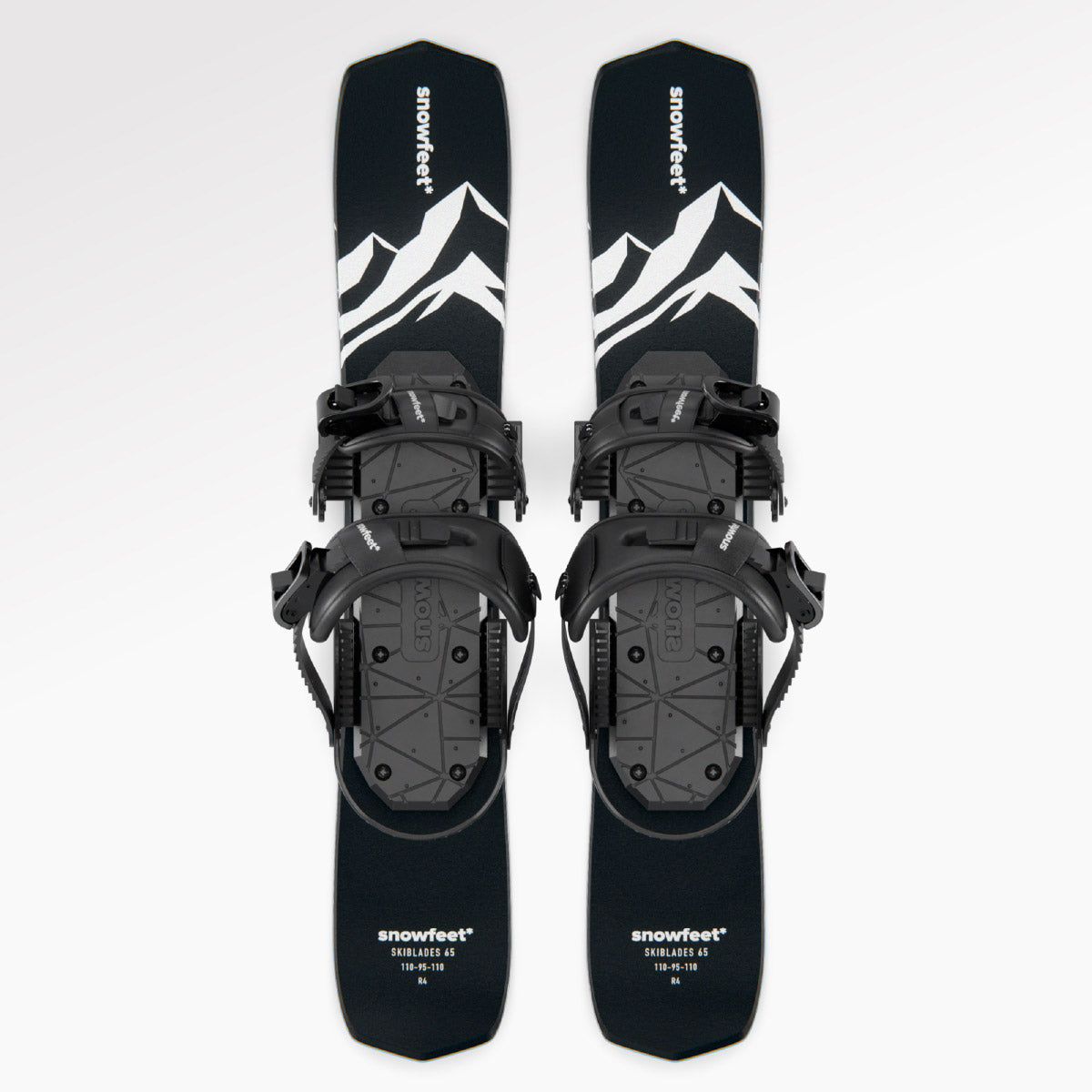 Skiboards Snowblades Short Mini Skis - snowfeet*, Product photo, wood core skis, snowboard binding, black mountain color.