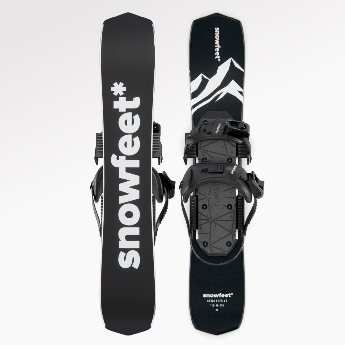 Skiboards Snowblades Short Mini Skis - snowfeet*, Product photo, wood core skis, snowboard binding, black mountain color.