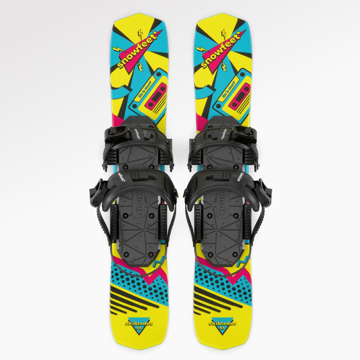 Skiboards Snowblades Short Mini Skis - snowfeet*, Product photo, wood core skis, snowboard binding, retro color. #Model_Snowfeet 65 CM#Binding_Snowboard#Color_Retro#TopDown