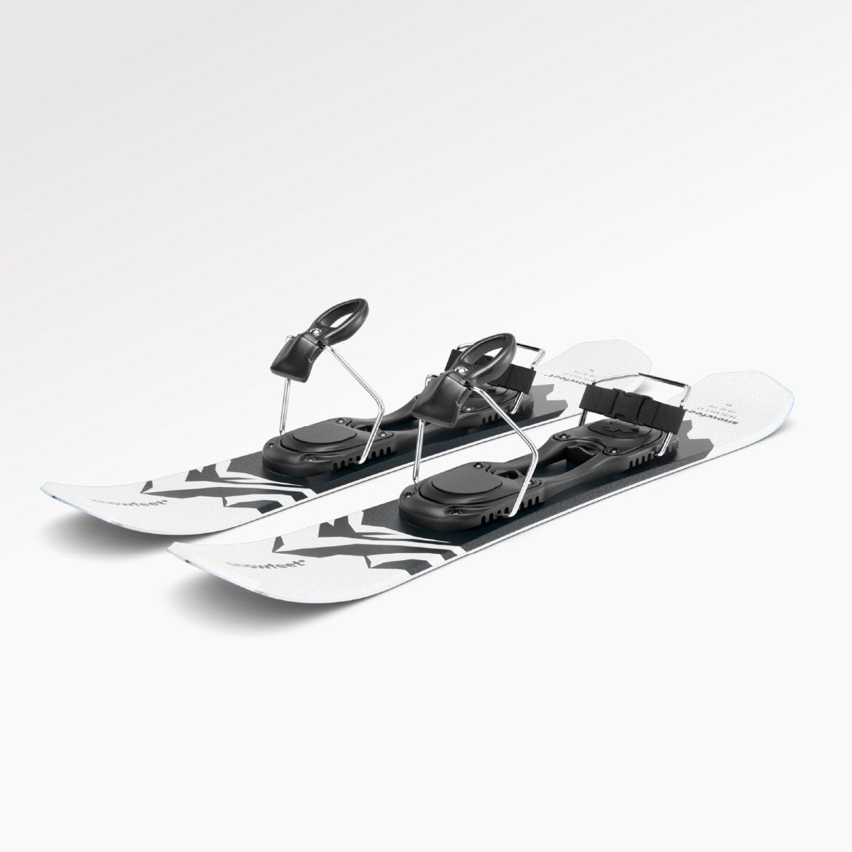 Skiboards Snowblades Short Mini Skis - snowfeet*, Product photo, wood core skis, ski binding, white mountain color.
#Binding_Ski#Color_White|Mountain White