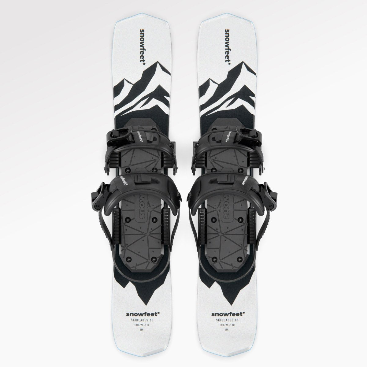 Skiblades, short skis - Snowfeet* 65cm, Product photo, wood core skis, snowboard binding, white mountain color.
#Model_Snowfeet 65 CM#Binding_Snowboard#Color_White#TopDown