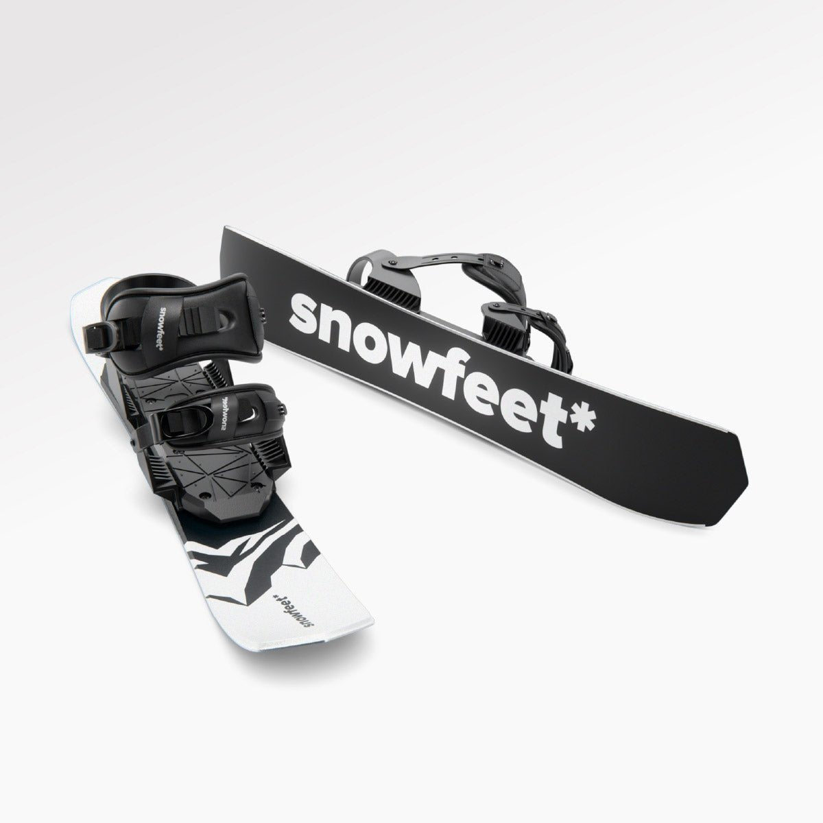 Skiboards Snowblades Short Mini Skis - snowfeet*, Product photo, wood core skis, snowboard binding, white mountain color.
#Binding_Snowboard#Color_White|Mountain White