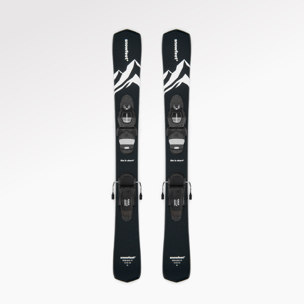 Skiboards Snowblades Short Mini Skis - snowfeet* 99CM. Product photo, wood core skis,pro ski binding, black mountain color.