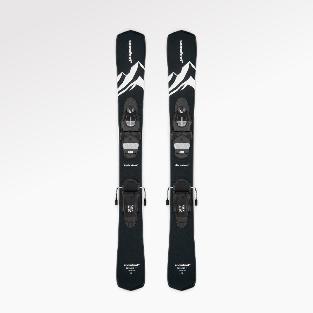 Skiboards Snowblades Short Mini Skis - snowfeet* 99CM. Product photo, wood core skis,pro ski binding, black mountain color. #Model_Snowfeet 99 CM#Binding_Pro Ski#Color_Black#TopDown