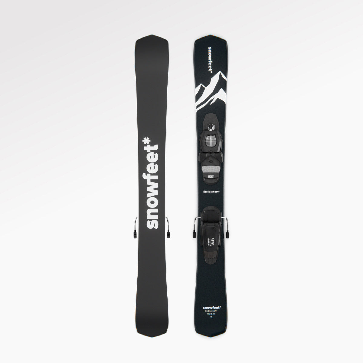 Skiboards Snowblades Short Mini Skis - snowfeet* 99CM. Product photo, wood core skis, pro ski binding, black mountain color.