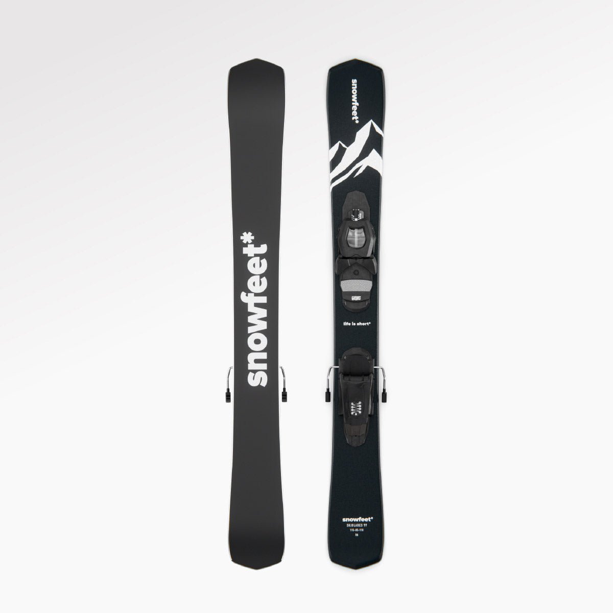 Skiboards Snowblades Short Mini Skis - snowfeet* 99CM. Product photo, wood core skis, pro ski binding, black mountain color.
